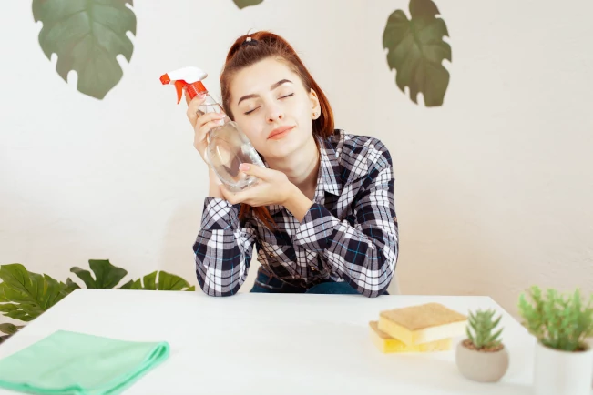A cleaner holding a spray bottle with leaves in the background