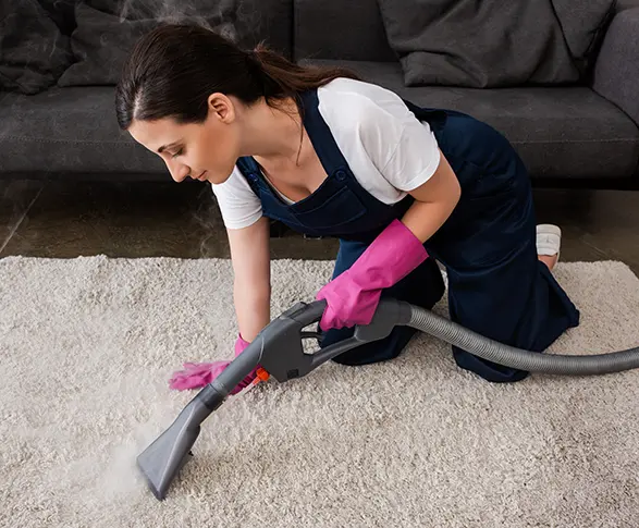 A Choice Cleaning Plus technician steam cleaning a plush carpet beside a sofa