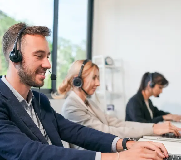 A friendly Choice Cleaning Plus call-center representative wearing a headset