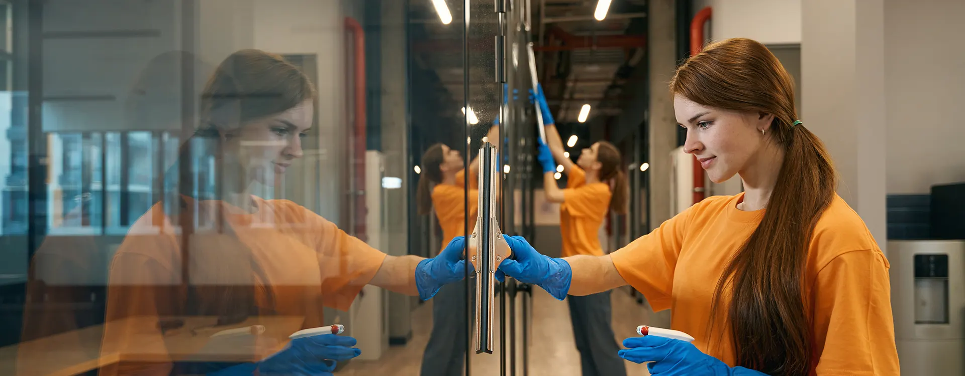 A Choice Cleaning Plus team cleaning the glass walls of a modern office