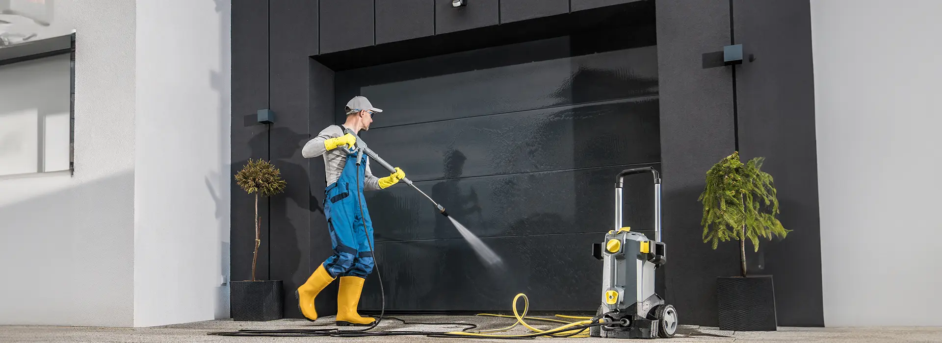 A Choice Cleaning Plus technician pressure-washing a garage door
