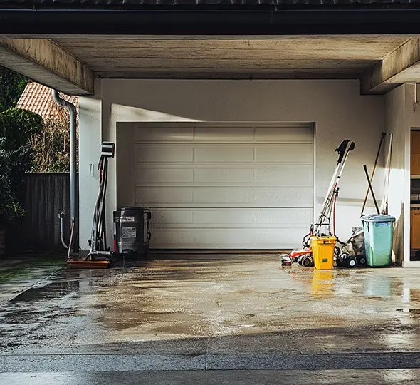 A clean, empty garage with a white door, wood ceiling, and tidy workbench