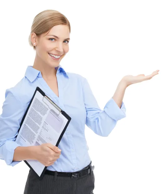 A friendly Choice Cleaning Plus representative presenting with a clipboard