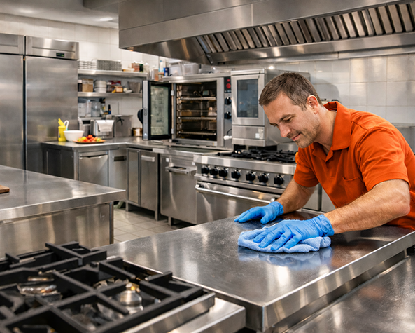A bright, organized commercial kitchen with ovens and stainless prep tables