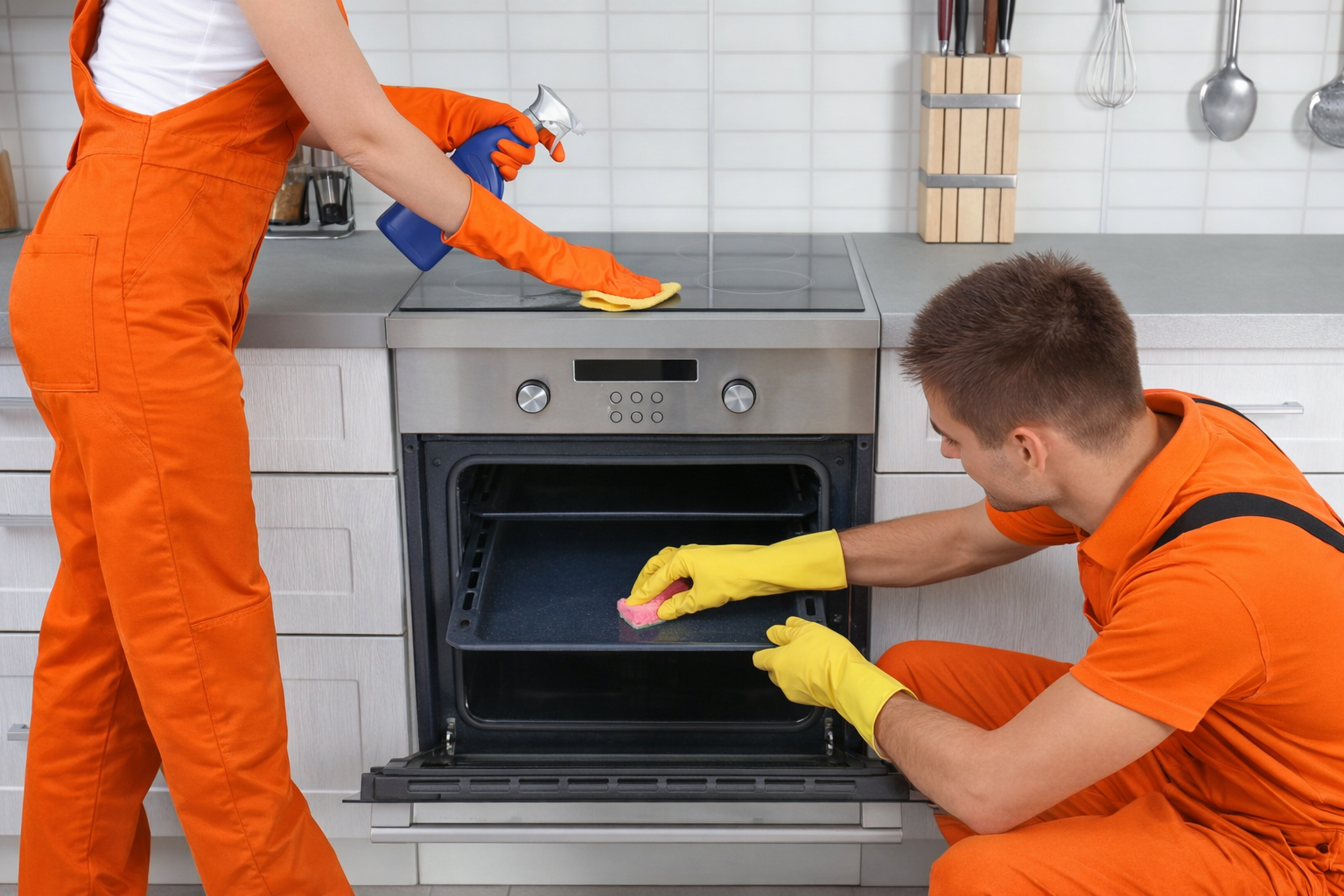 Two Choice Cleaning Plus technicians in orange uniforms cleaning a commercial oven and cooktop