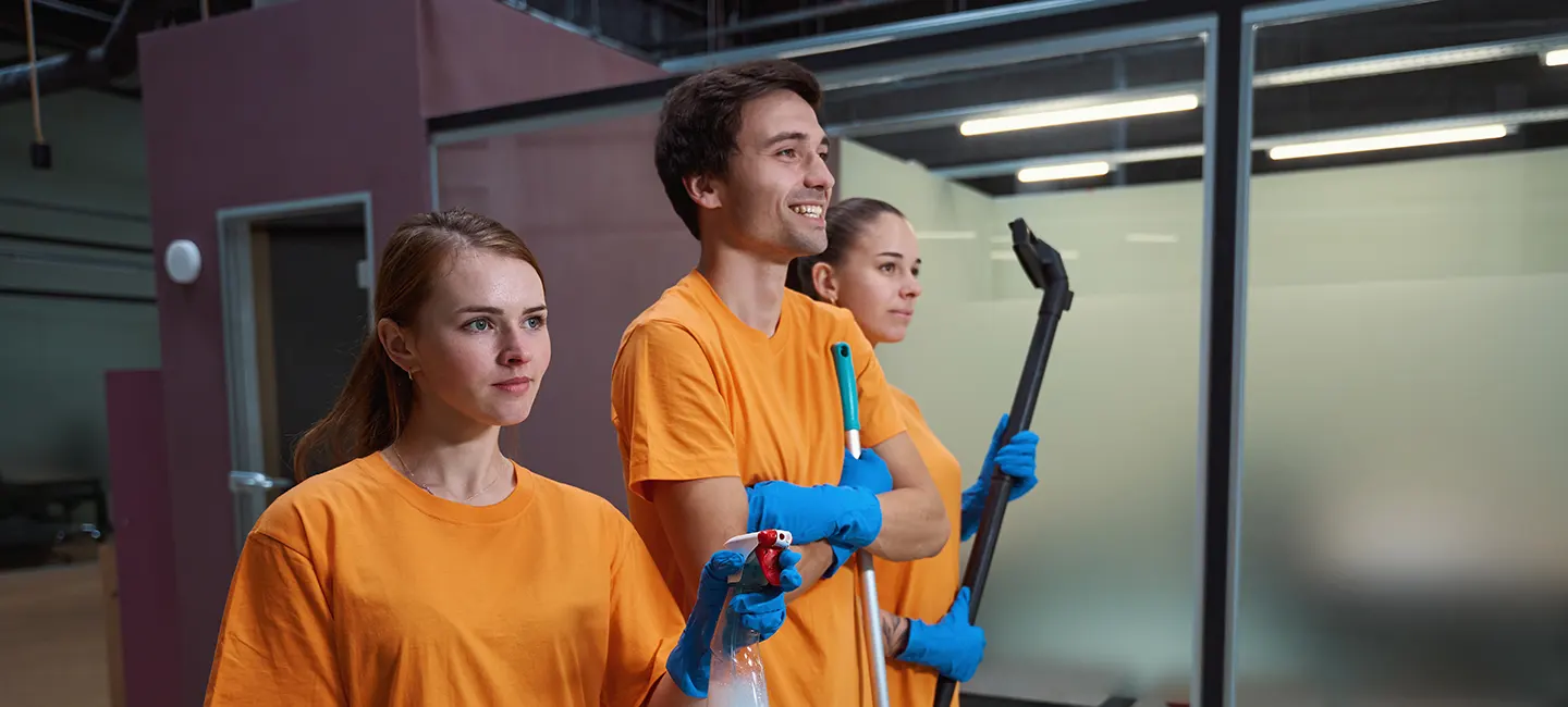 A Choice Cleaning Plus crew with cleaning tools ready to service a private rental property