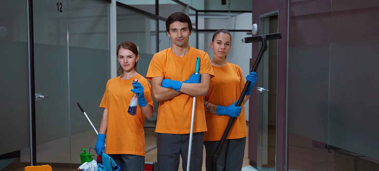 A Choice Cleaning Plus crew ready with cleaning equipment