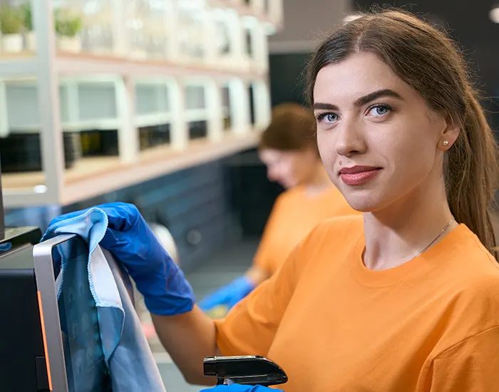 A Choice Cleaning Plus cleaner wiping down a hard surface with a microfiber cloth