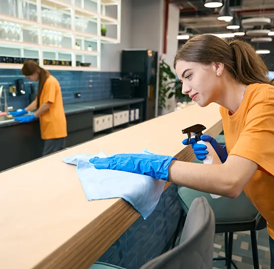 Two cleaners wiping a kitchen counter