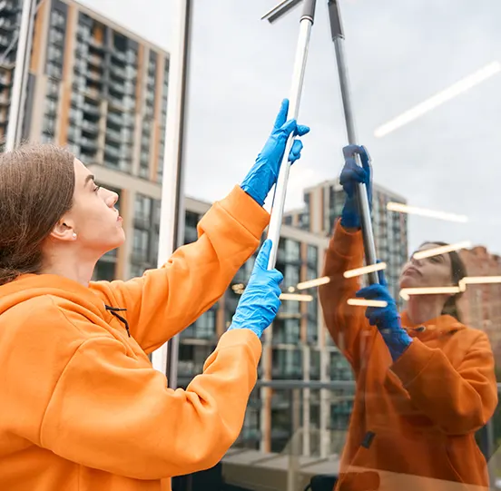 A woman cleaning a window until it sparkles