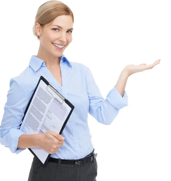 A friendly Choice Cleaning Plus representative presenting with a clipboard